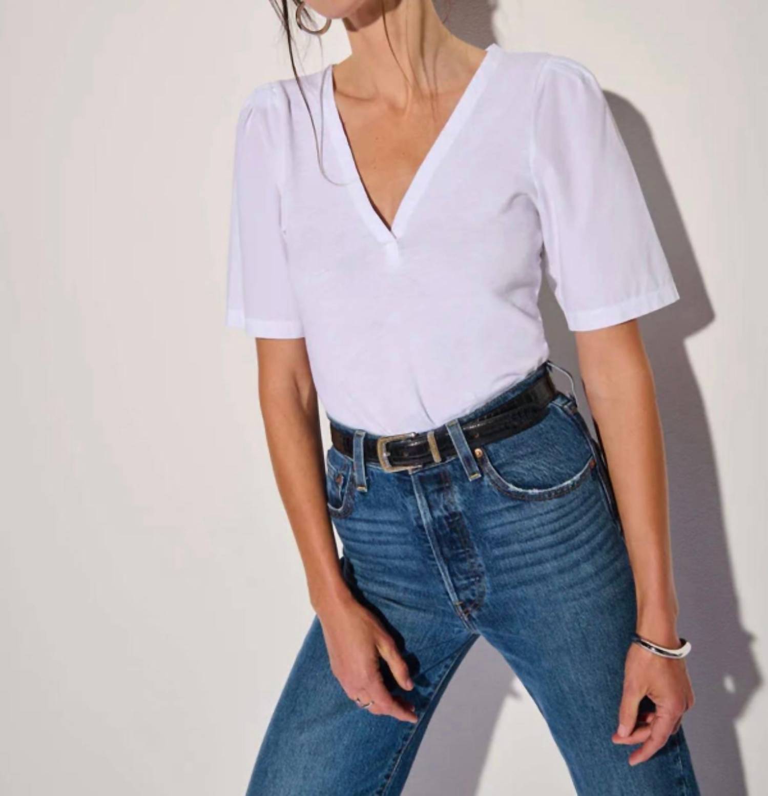 Nation LTD Joelene V Neck Short Sleeve Top in white - women's t-shirt