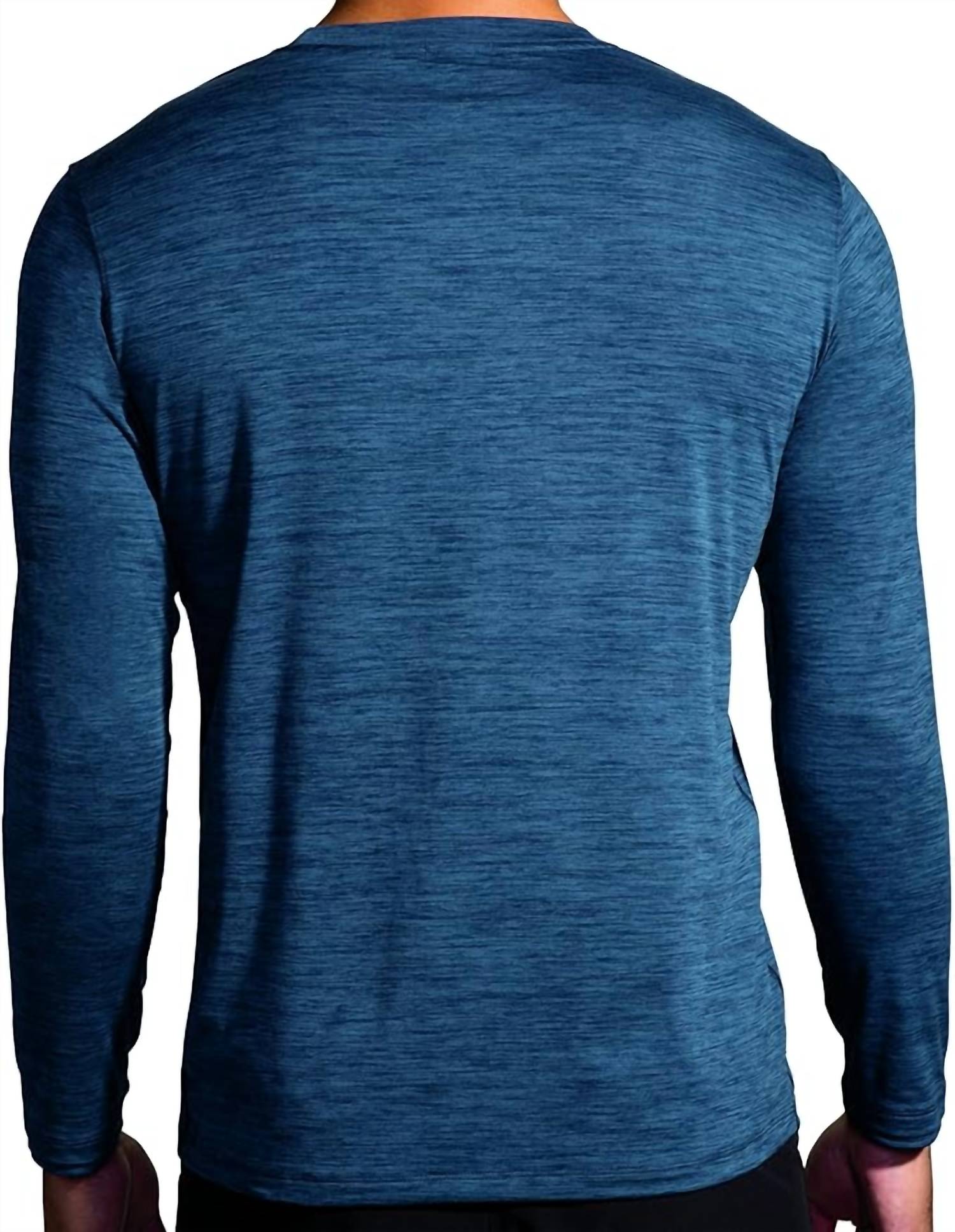 BROOKS Luxe Long Sleeve Tee in heather blue slate - men's long sleeve top - detail view