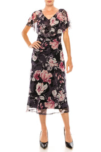 Connected Apparel - Floral Print Cape Midi Dress