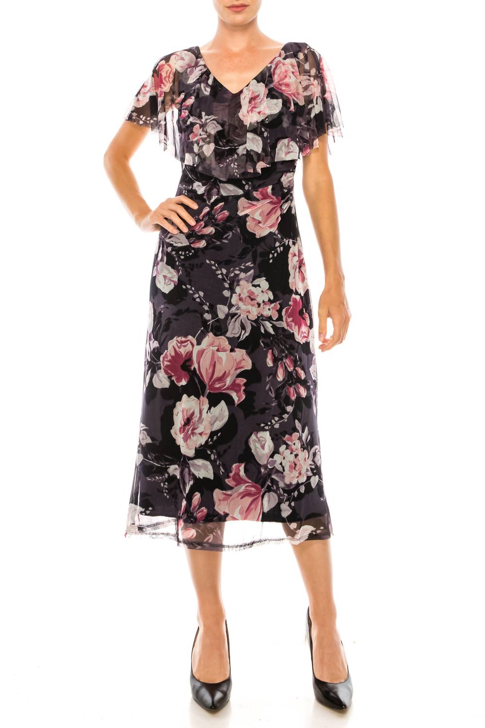 Connected Apparel - Floral Print Cape Midi Dress