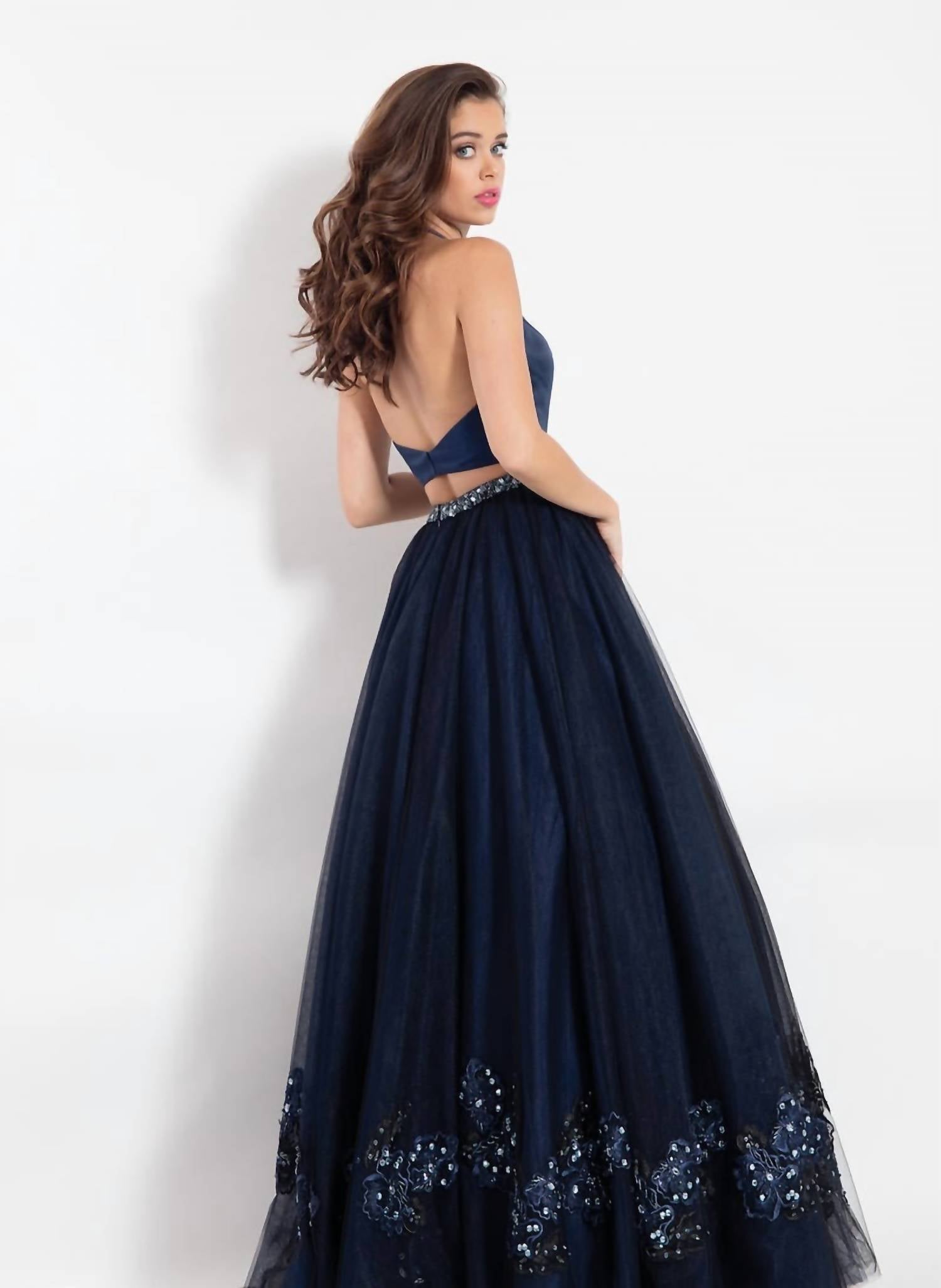 Rachel Allan - Two-piece Halter Neck Embroidered Tulle Gown