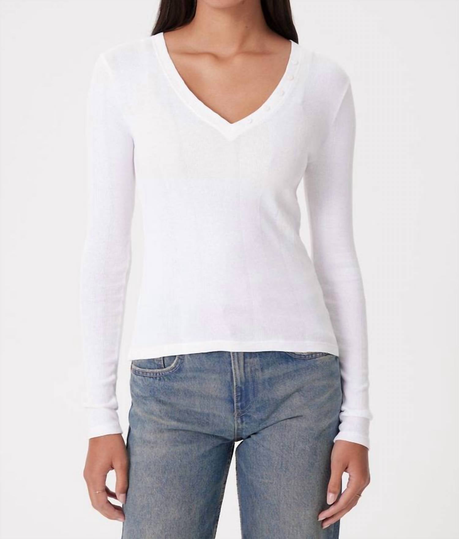 GOLDIE Long Sleeve Cotton Rib V Neck Top in white - women's long sleeve top