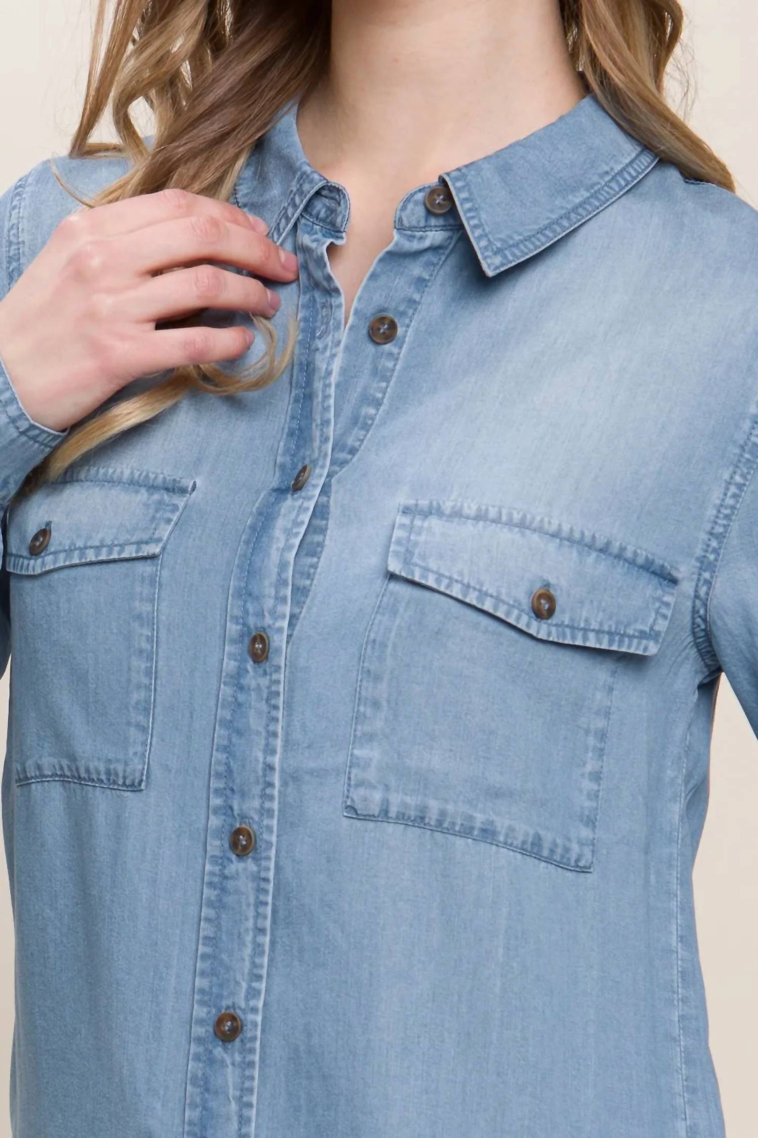 Love Tree - Scooped Hem Button Up Denim Shirt