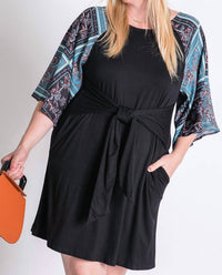 Davi & Dani - Boho Contrast Tie Front Dress - Plus