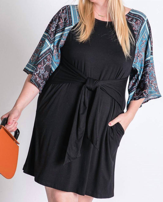 Davi & Dani - Boho Contrast Tie Front Dress - Plus