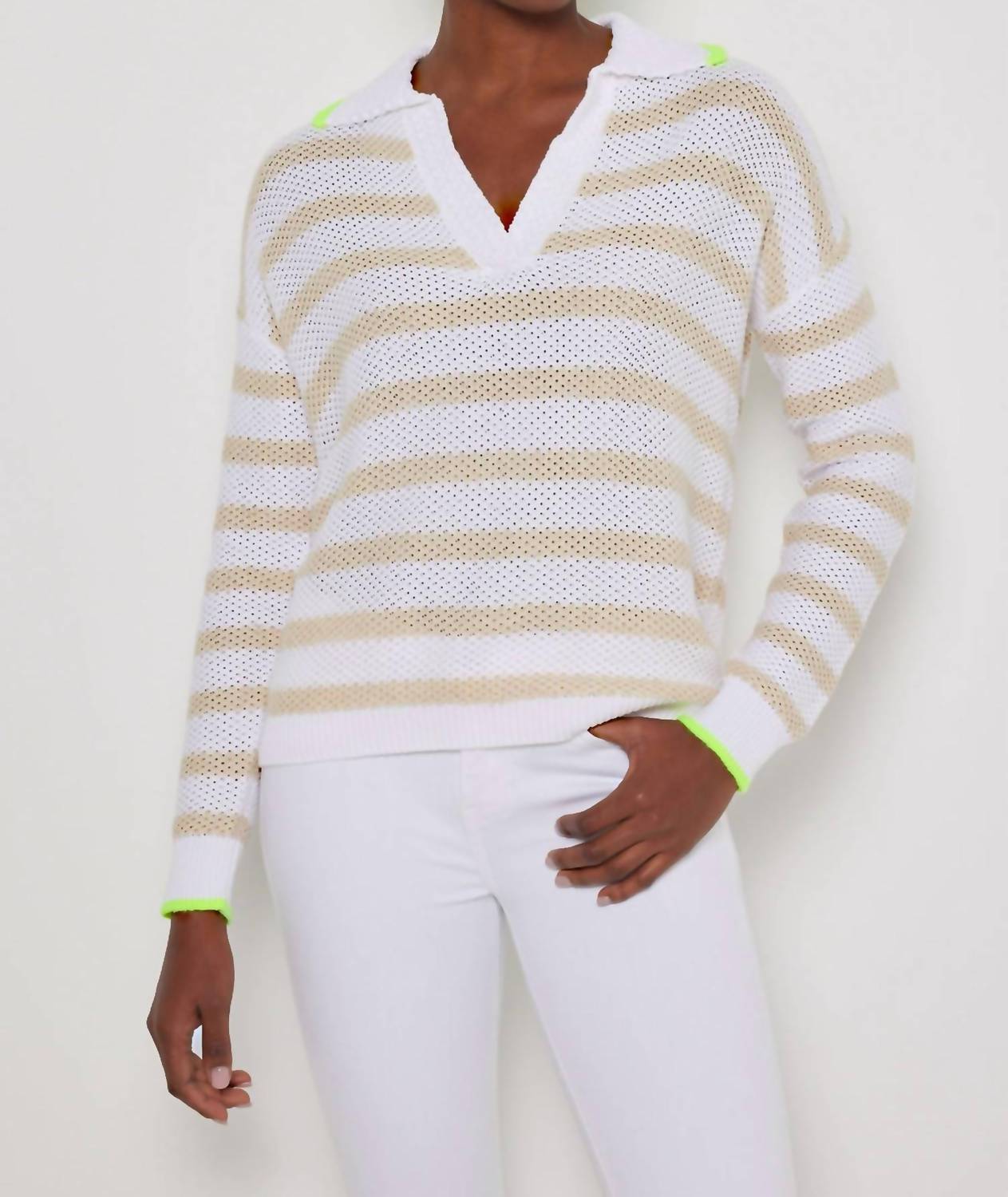 LISA TODD Women's Stripescape Polo Collar Cotton Sweater in white almond - men's sweater