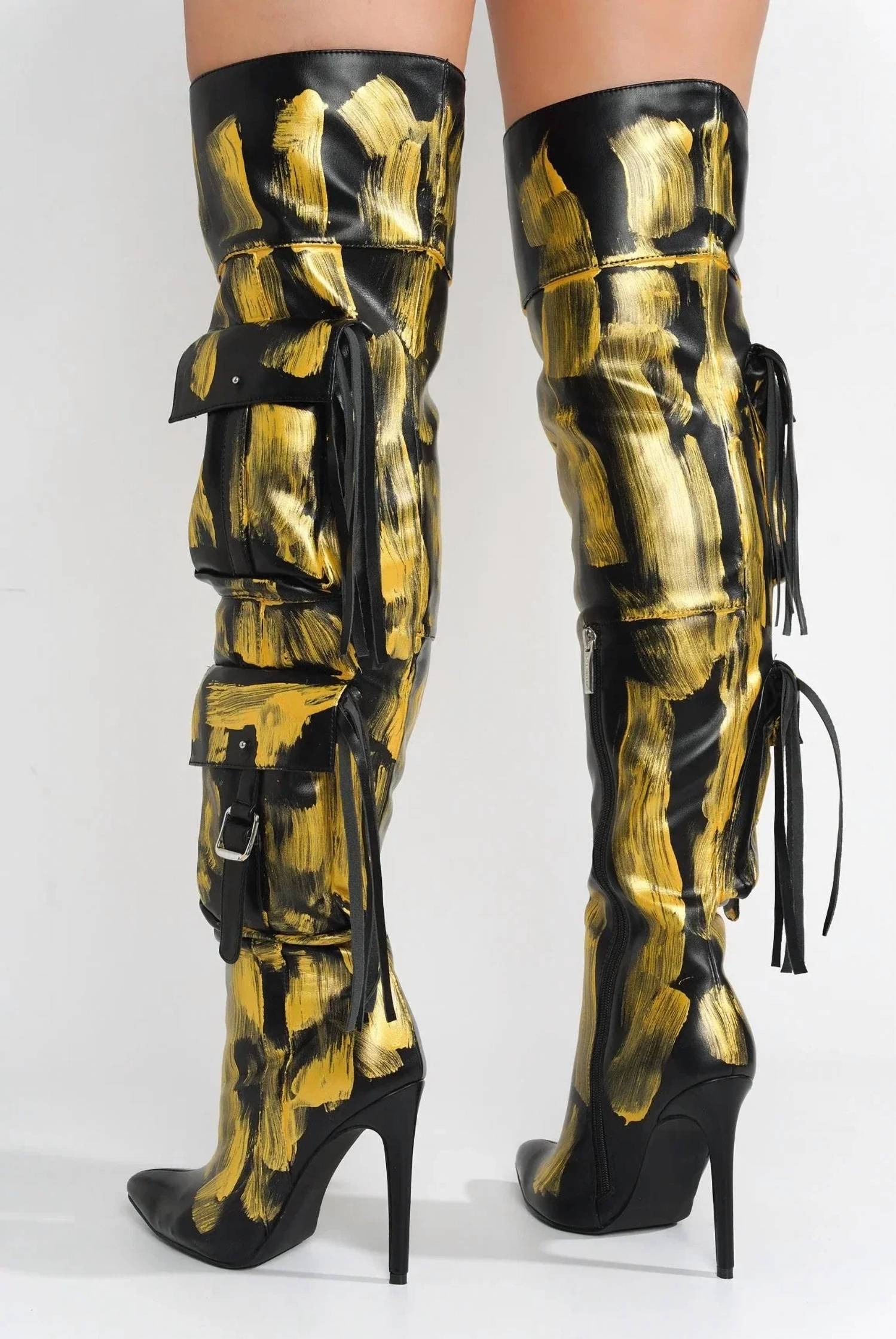 Cape Robbin - Women's Detroit Faux Leather Cargo Closed Toe Thigh High Boots