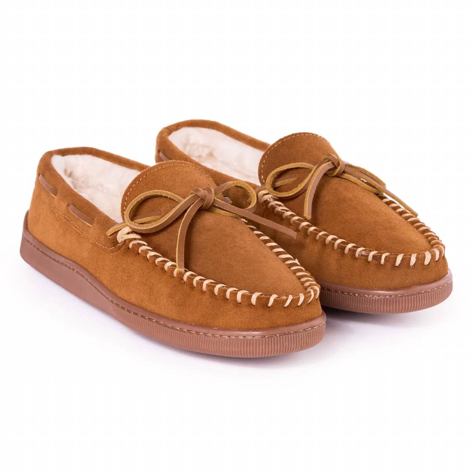 MINNETONKA Men's Pile Lined Hard Sole Moccasin Shoes in brown - men's loafer - detail view