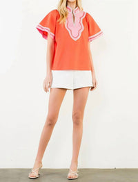 Thml - Women's Contrast Trim Wide Sleeve V Neck Top
