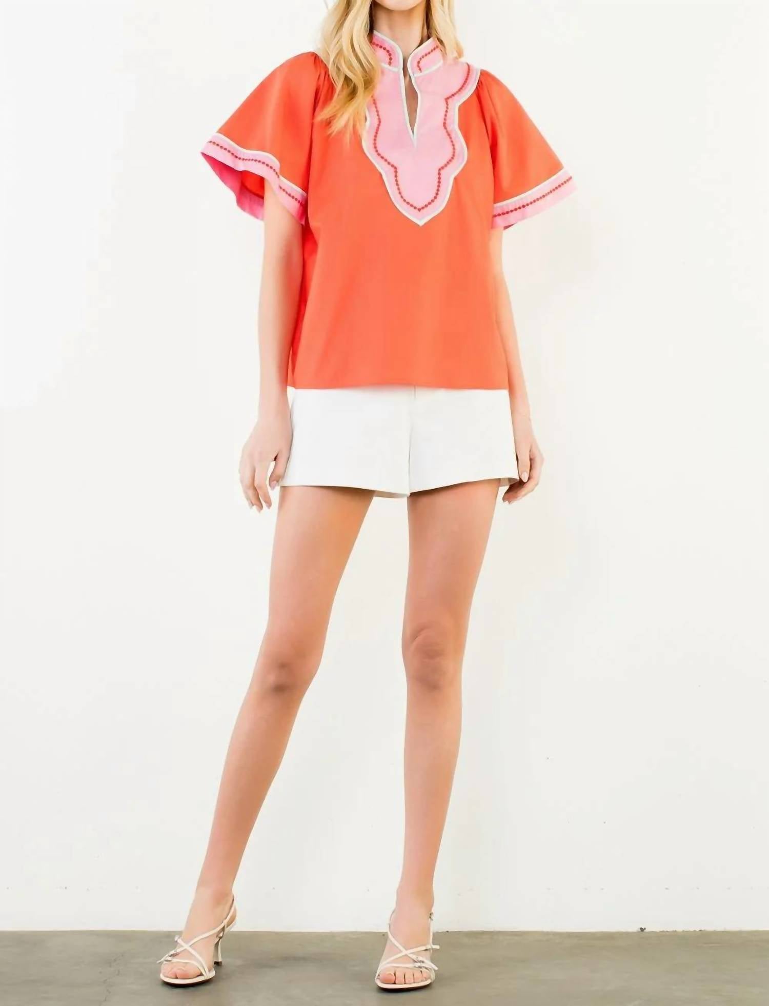 Thml - Women's Contrast Trim Wide Sleeve V Neck Top