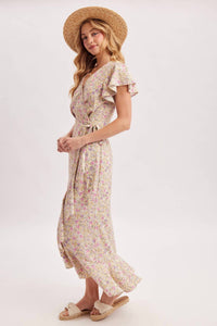 Bluivy - Floral Print Ruffled Hem Wrap Maxi Dress