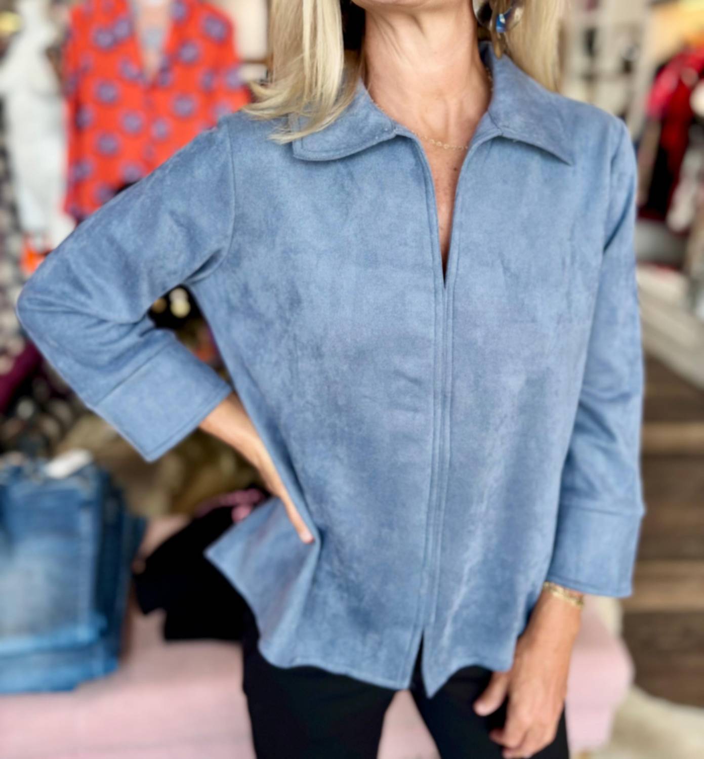 Boho Chic Suede V-neck Blouse in blue - women's blouse - alternate view