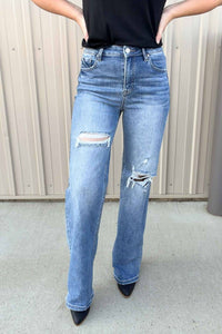Risen - High Rise Wide Leg Distressed Jeans