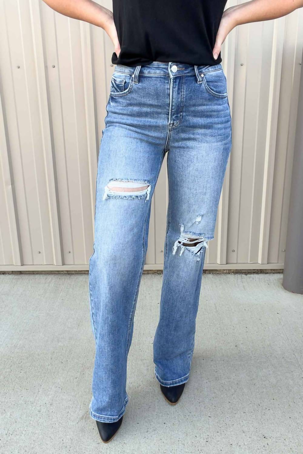 Risen - High Rise Wide Leg Distressed Jeans