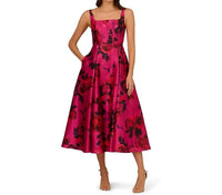 Adrianna Papell Rose Jacquard Thin Strap Square Neck Midi Dress in pink - women's dress