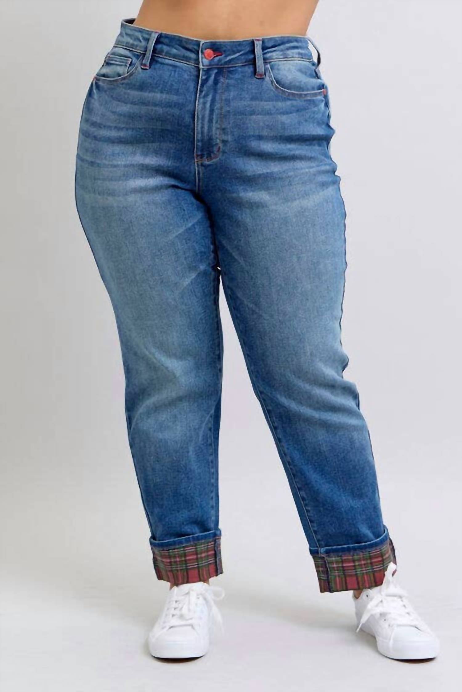 Judy Blue - Midrise Plaid Print Cuff Boyfriend Jeans - Plus