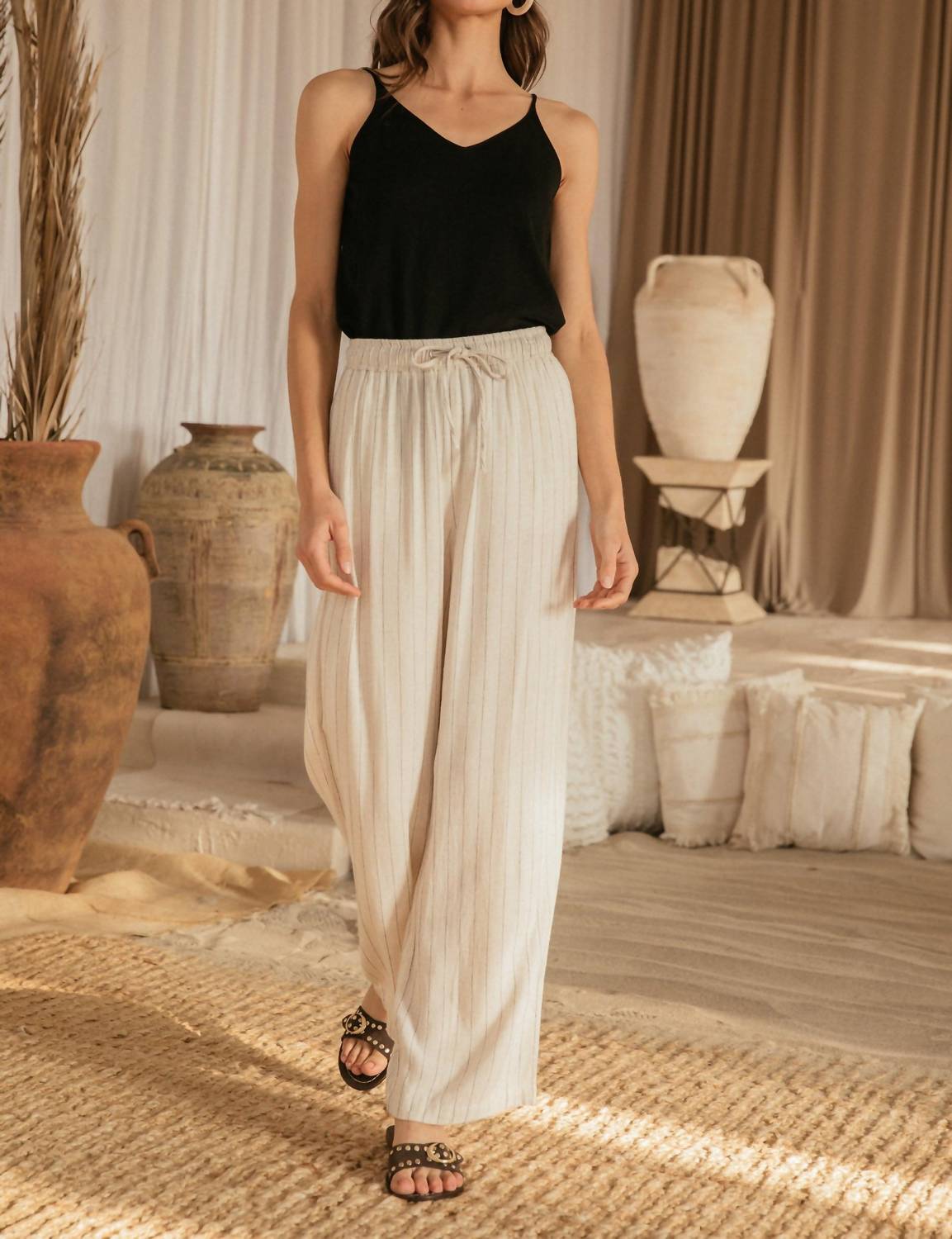 Skies Are Blue - Billie Linen Stripe Pull On Wide Leg Pants
