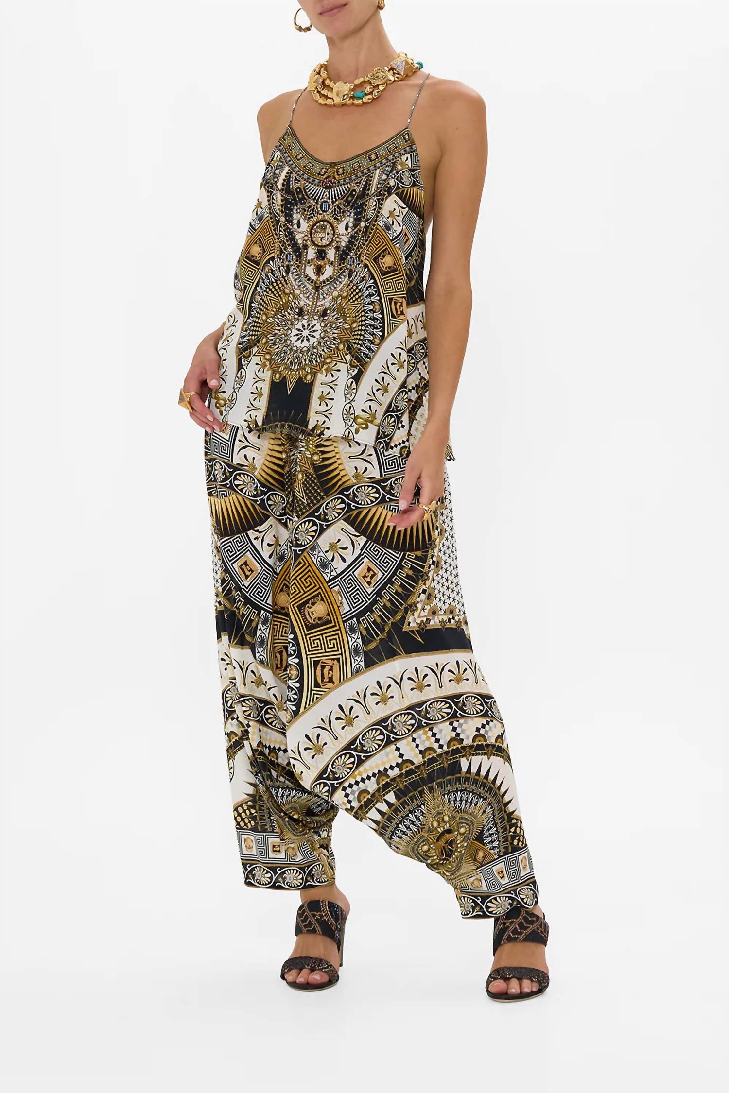 Camilla T Back Shoestring Top in temples of dendara - women's blouse