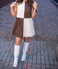 MIOU MUSE Women's Block Shift Dress in brown cream - women's dress