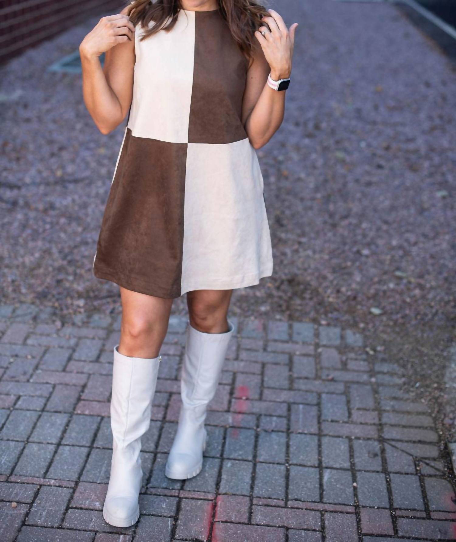 MIOU MUSE Women's Block Shift Dress in brown cream - women's dress