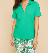 Renuar Everyday Essential Zip Polo Shirt in jade - women's t-shirt - detail view