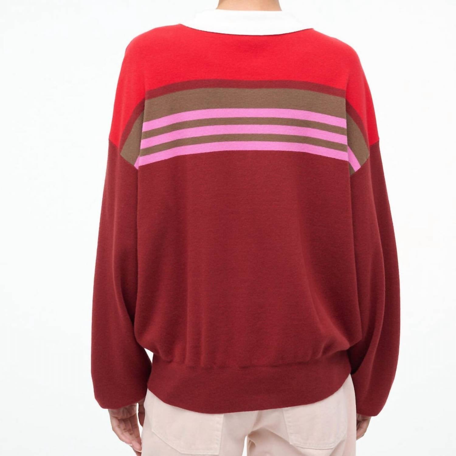 STAUD Sail Polo Knit Top in cardinal stripe - women's long sleeve top - alternate view