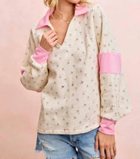 Bibi - Floral Print French Terry V Neck Collared Top