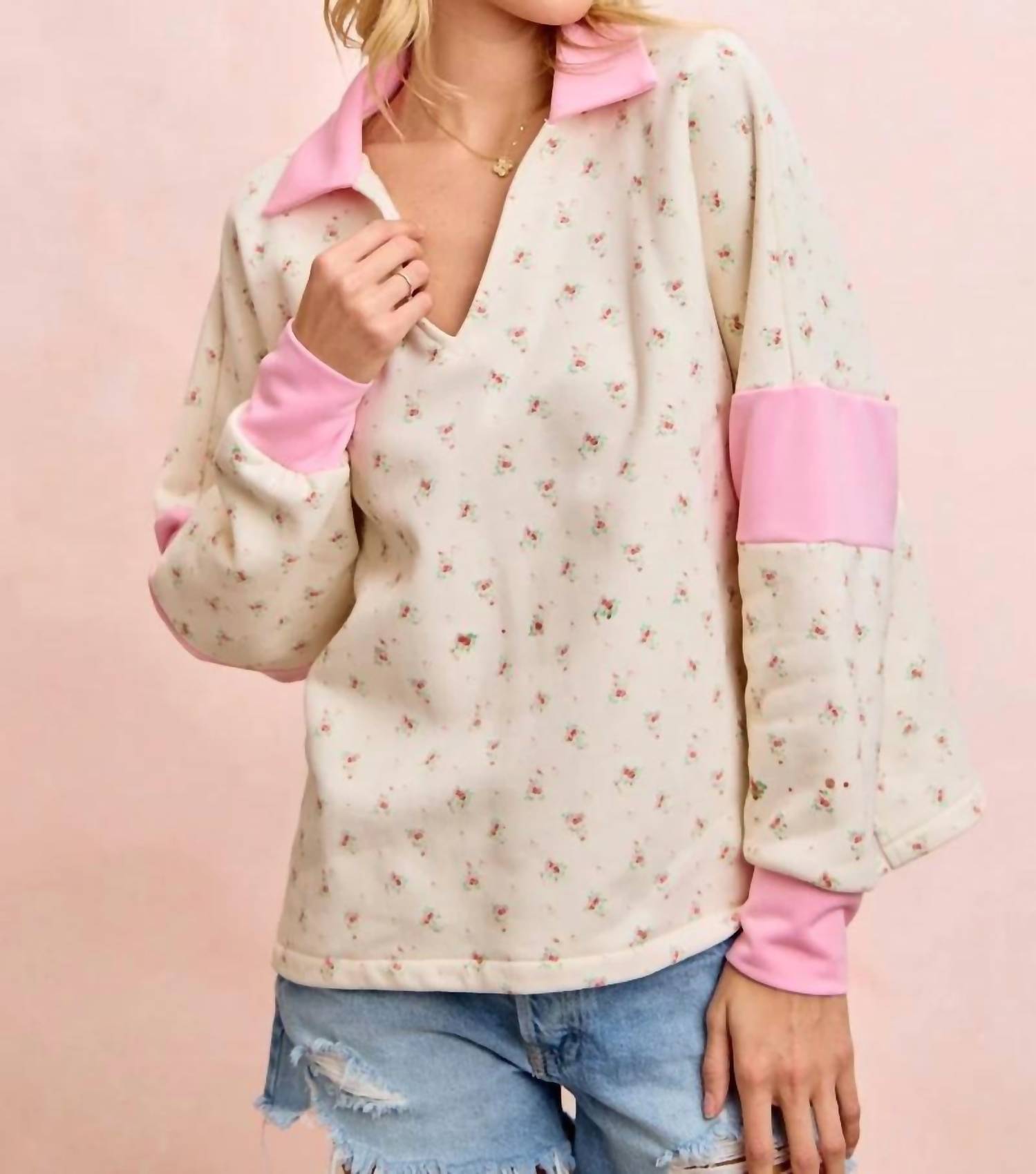 Bibi - Floral Print French Terry V Neck Collared Top