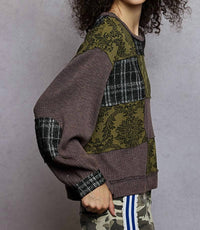 POL Printed Patch Relaxed Fit Top in gray - women's long sleeve top - alternate view