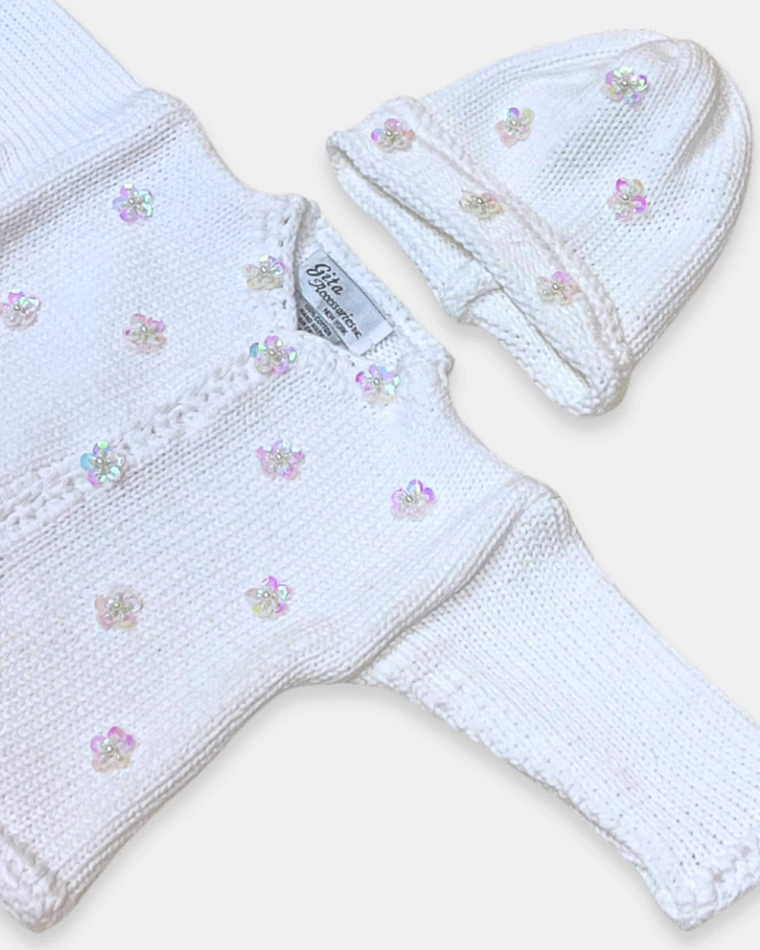 Gita - Girl's Sweater With Sequin Flowers With Hat