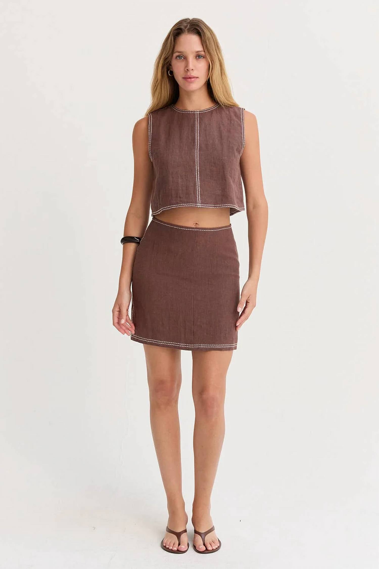 Crescent - Kiara Contrast Stitch Linen Crop Top