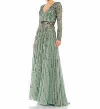 Mac Duggal - Sequined V Neck Illusion Sleeve A Line Gown