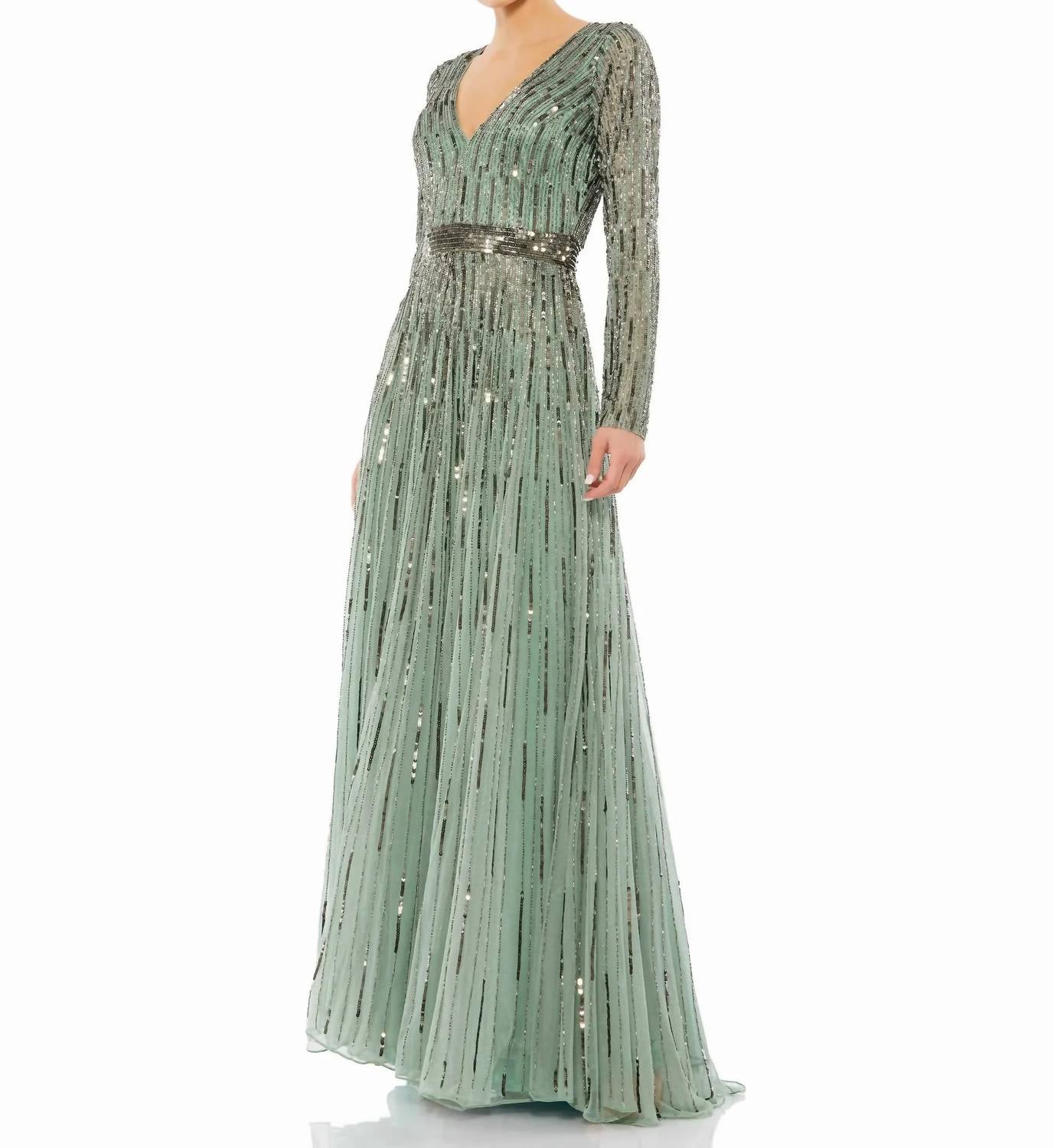 Mac Duggal - Sequined V Neck Illusion Sleeve A Line Gown