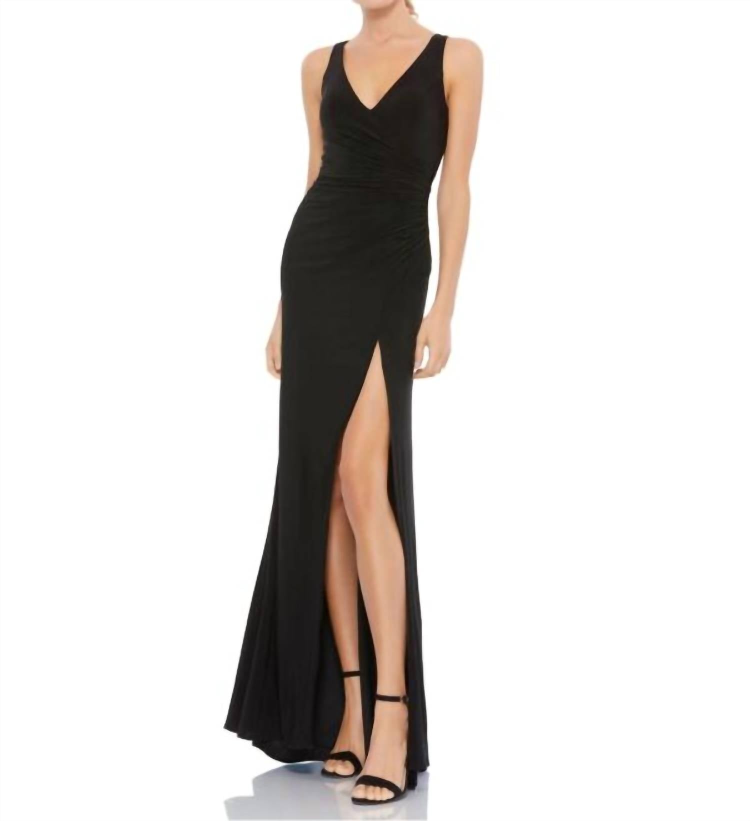 Ieena For Mac Duggal - High Slit Faux Wrap Dress