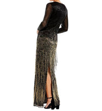 MAC DUGGAL Fringe Skirt Ombre Dress in black gold - women's dress - detail view