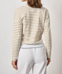 Lilla P Rib Trim Cardigan in burlap stripe - women's cardigan - detail view