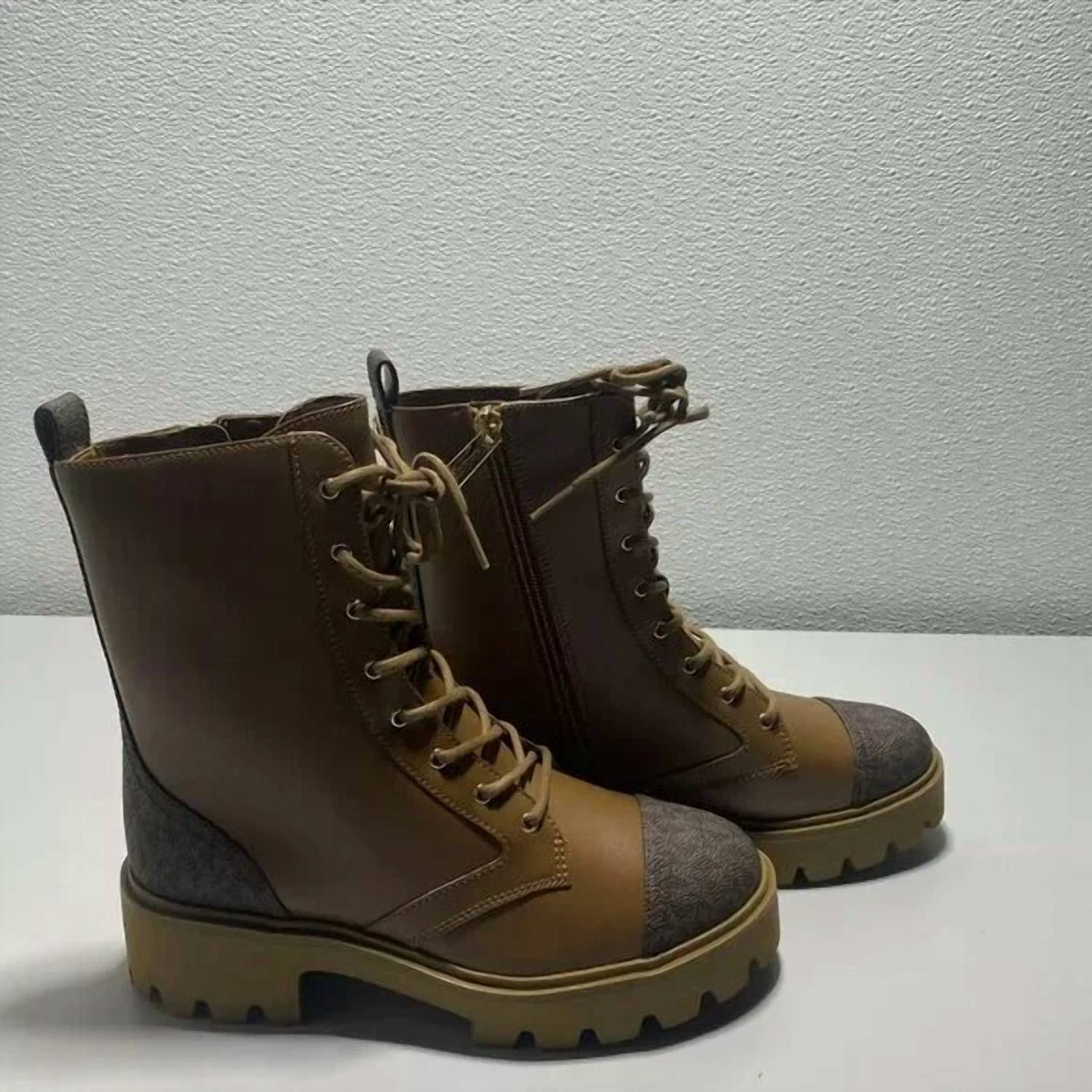 MICHAEL KORS Women's Weiss Faux Leather Tall Combat Bootie in brown - women's shoe - detail view