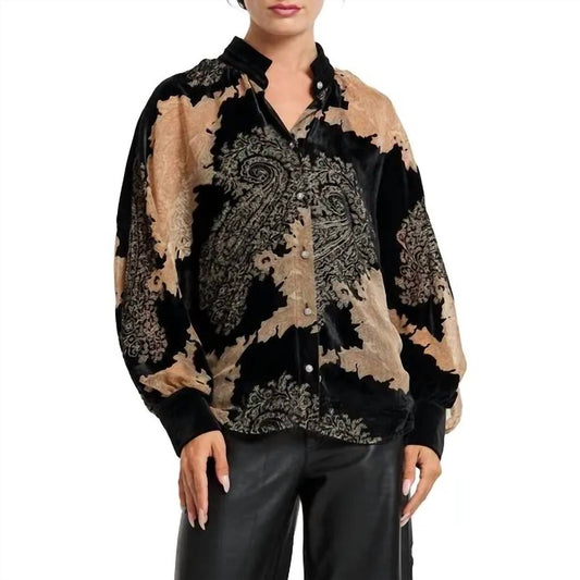 Ciebon - Printed Velvet Burnout Batwing Button Down Top