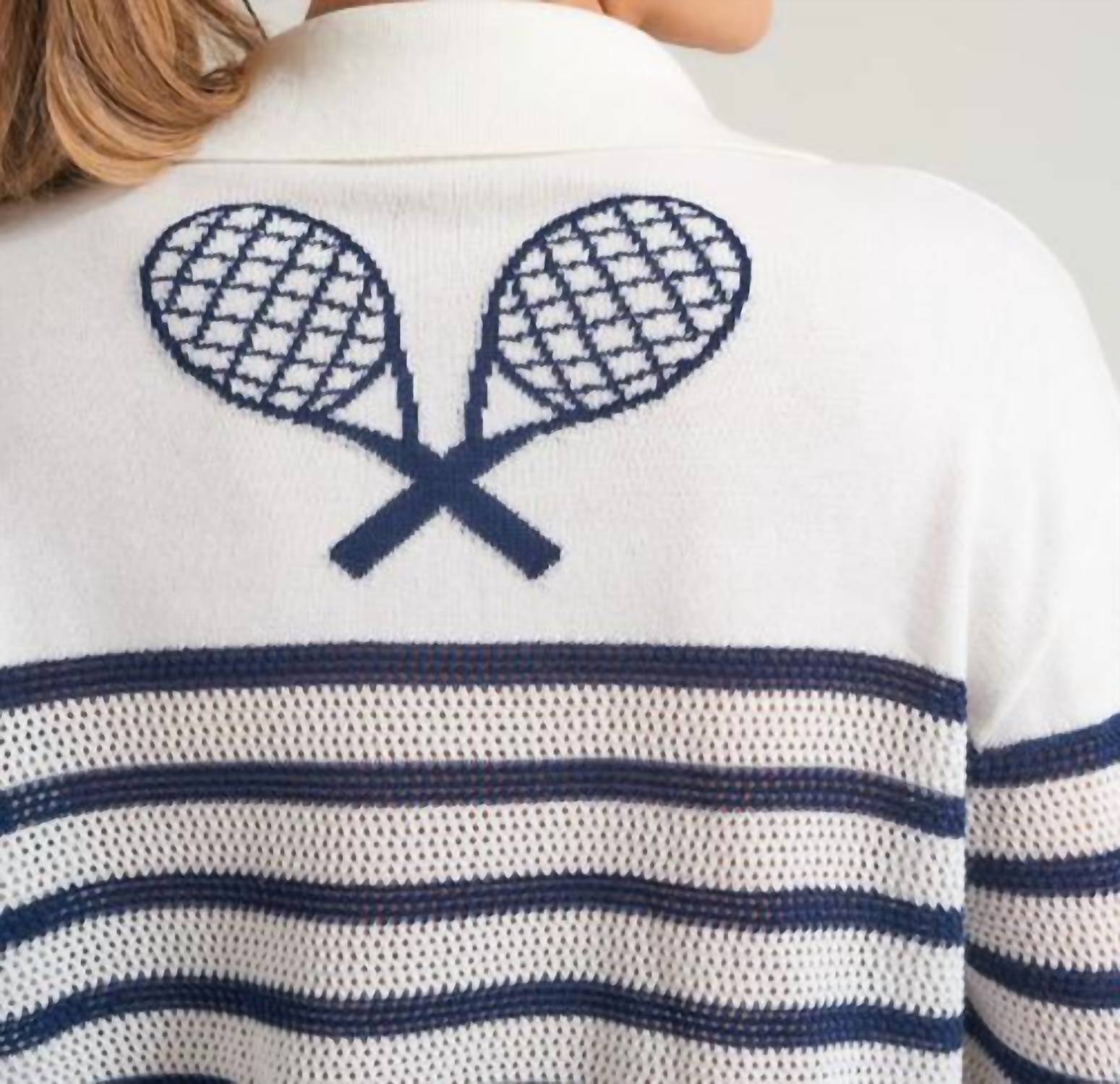 L'Oeuf Poche Pointelle Racquests Sweater in off white navy stripes - women's sweater - view 4