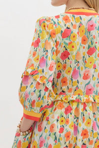 Entro - Floral Breeze Mini Dress with Ruffle Accents & Banded V-Neck Detail
