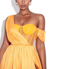 Miss Circle - Silk Pleated Corset High Slit Maxi Gown