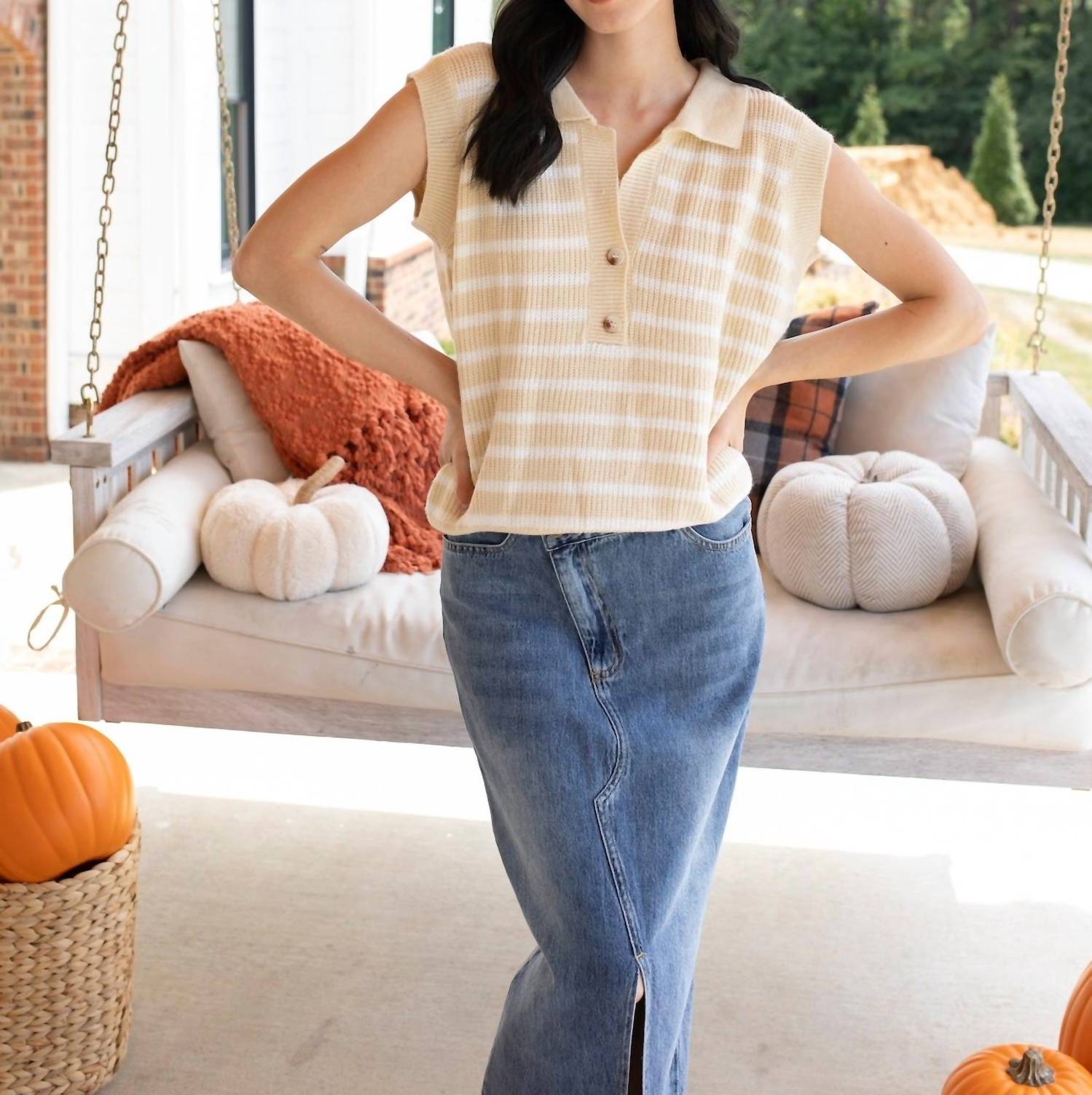 BiBi Sailor's Stripe Knit Vest in oatmeal ivory - women's blouse