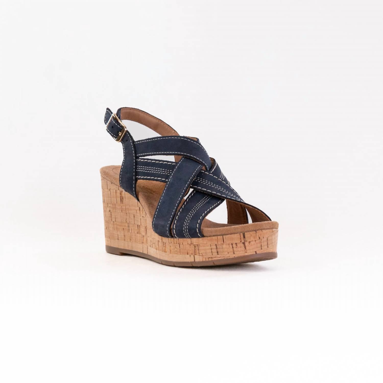 Clarks Women's Sabina Sling Cork-wrapped Wedge in navy nubuck - women's sandal - detail view