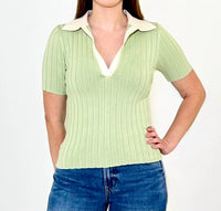 LUCY PARIS Smith Short Sleeve Polo Top in sage - women's blouse