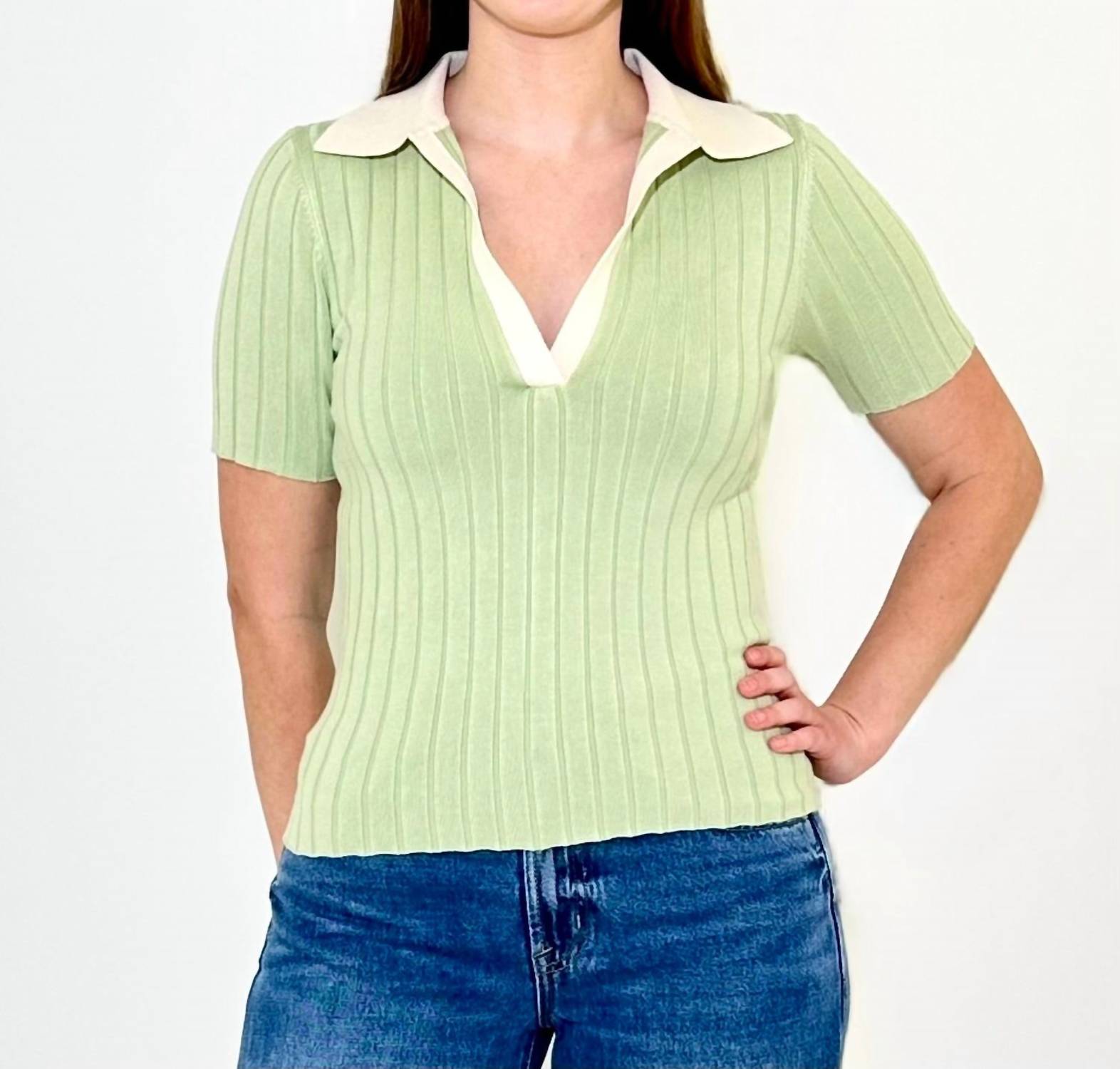 LUCY PARIS Smith Short Sleeve Polo Top in sage - women's blouse