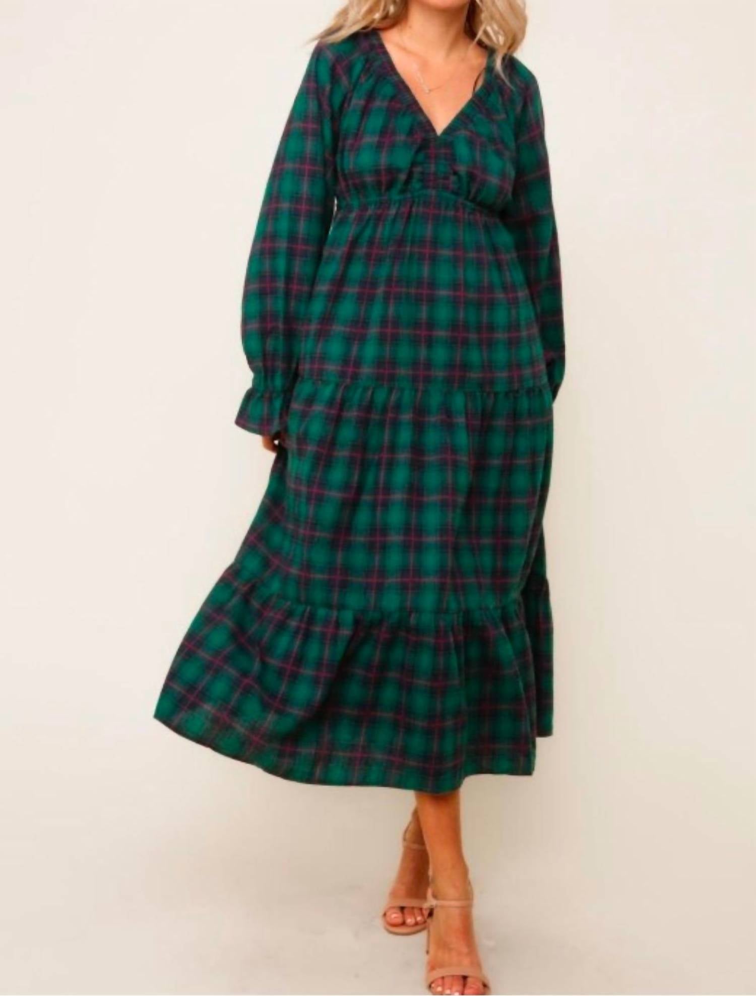 Haptics Plaid V-neck Long Dress in hunter green - women's dress