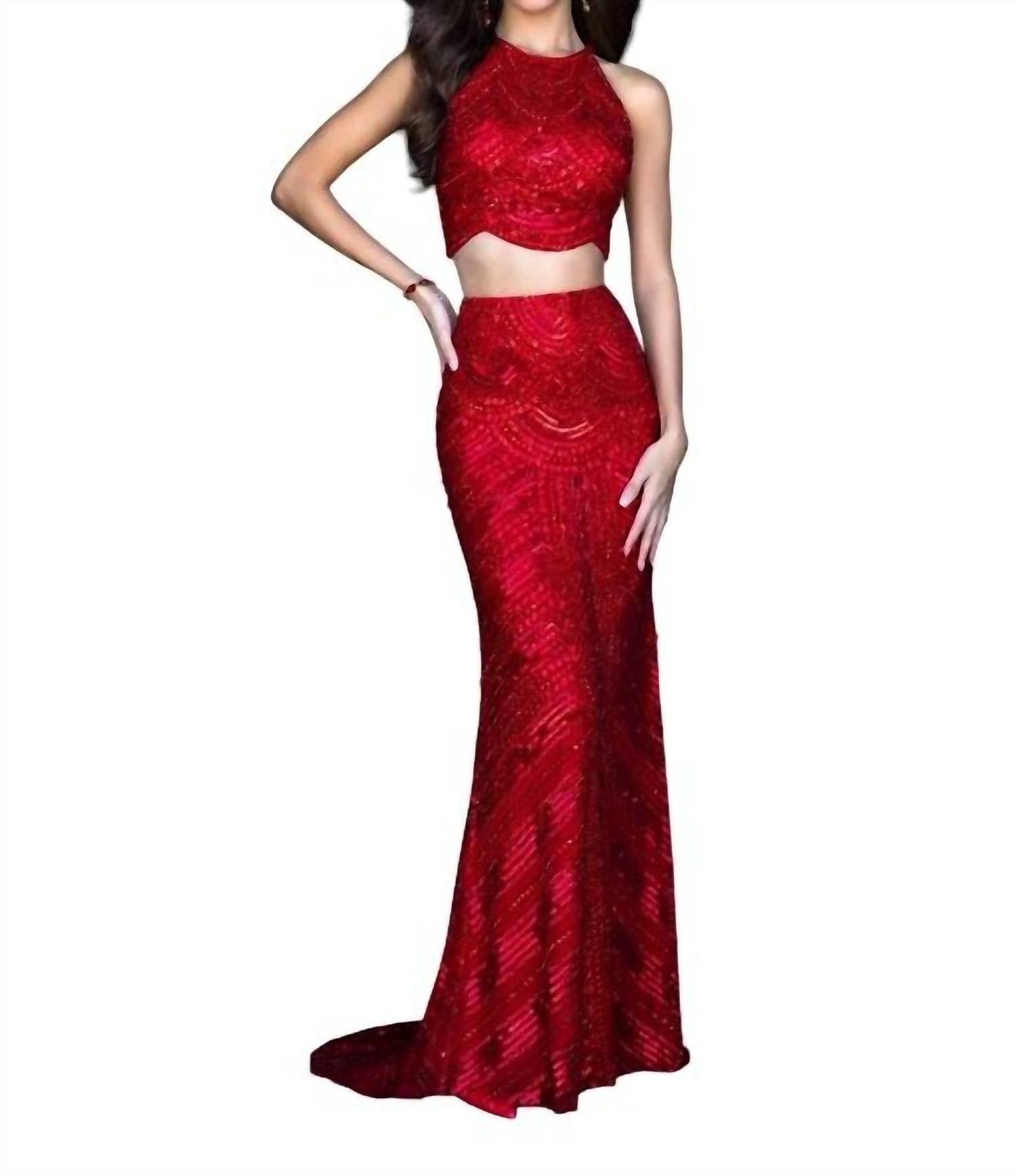 Sherri Hill Fitted Sequin Two-piece Gown With A Scallop Bodice in red - women's skirt