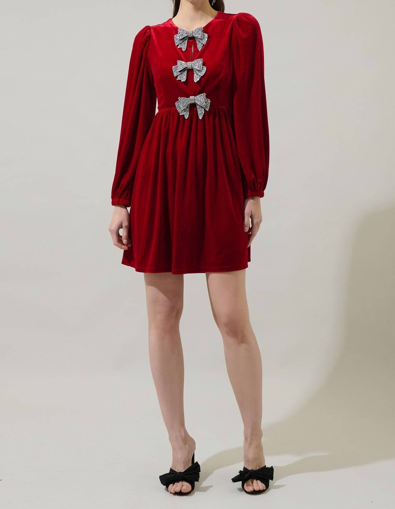 SUGARLIPS Bridget Bow Velvet Long Sleeve Mini Dress in red - women's dress - alternate view