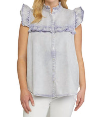 entro Denim Ruffled Top in periwinkle - women's blouse