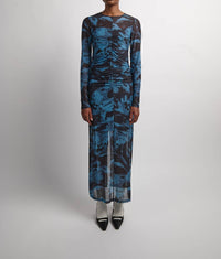 Ganni - Printed Mesh O-neck Ruched Long Dress